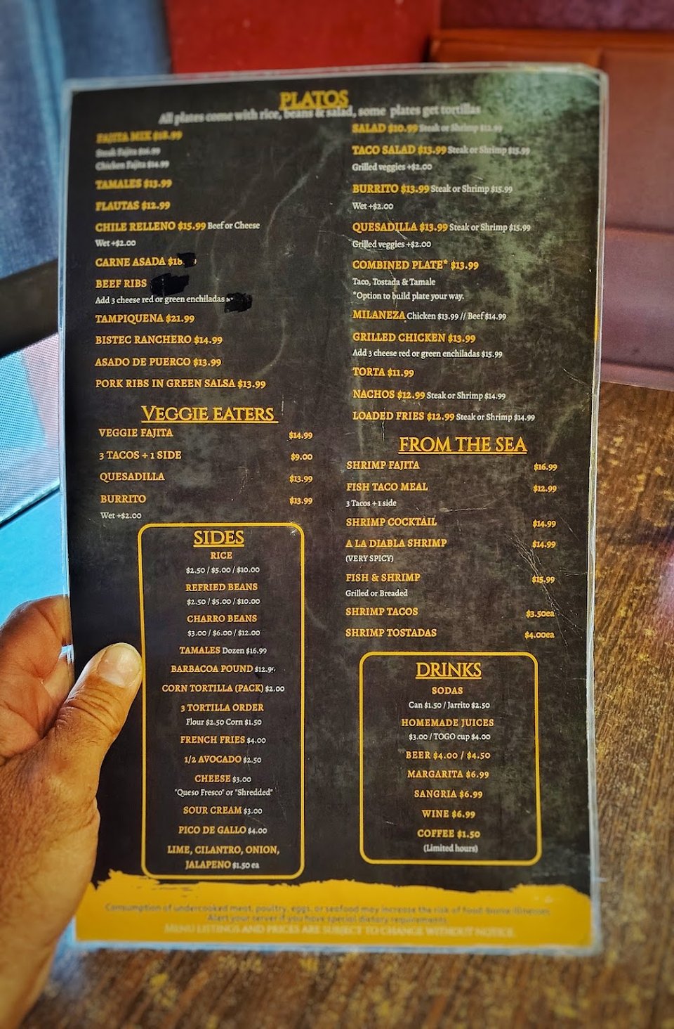 Menu page with tacos and enchiladas.